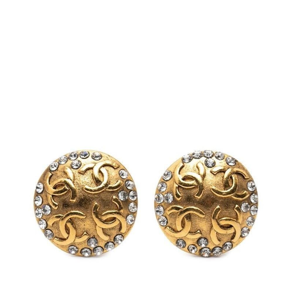 Chanel CC Logo Rhinestone Gold Plated Clip-On Earrings
